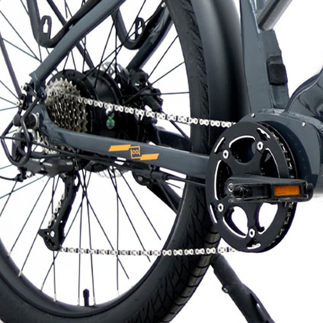 Right Side view of 9 speed Shimano derailleur gear system and hub of Eunorau Meta275 500W Electric Cruiser Bike with Torque Sensor for Commuters