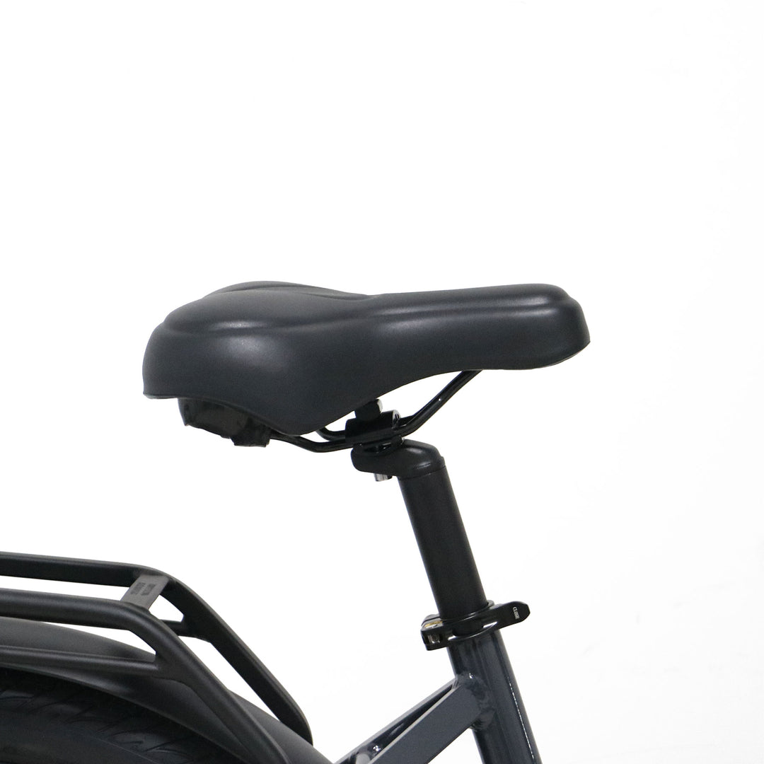 Close up of comfortable seat and post of Eunorau Meta275 500W Electric Cruiser Bike with Torque Sensor for Commuters