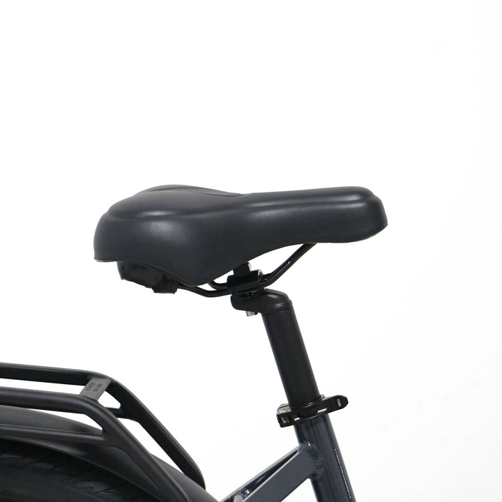 Close up of comfortable seat and post of Eunorau Meta275 500W Electric Cruiser Bike with Torque Sensor for Commuters