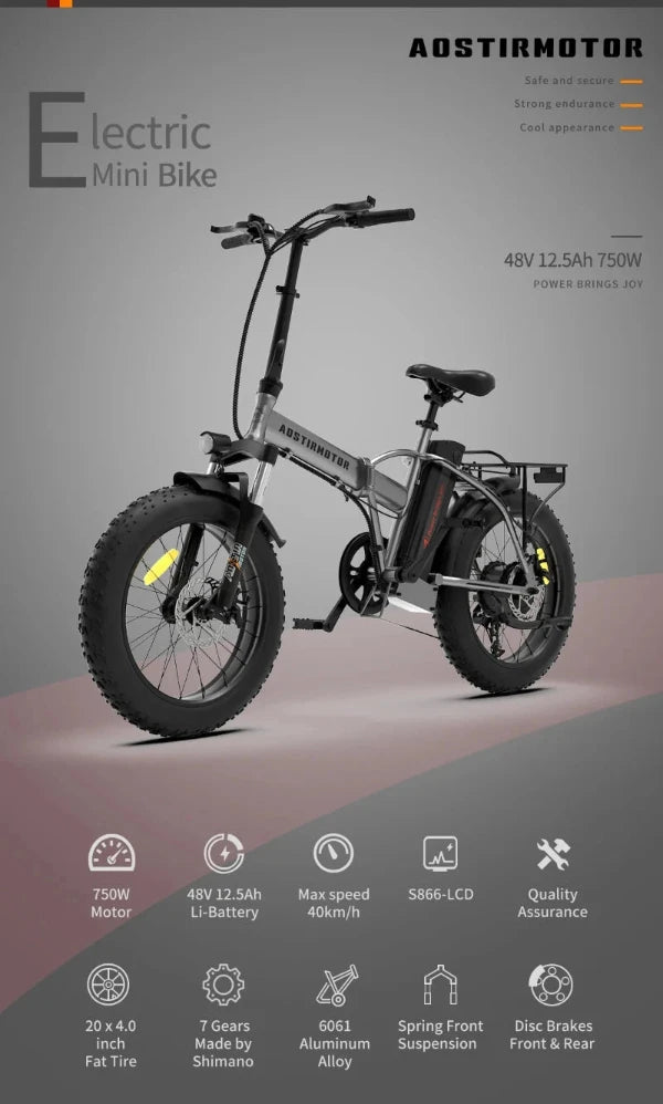 Aostirmotor A30 Folding Electric Bike 20 inch Fat Tire , with 750W Motor, 48V 12.5AH