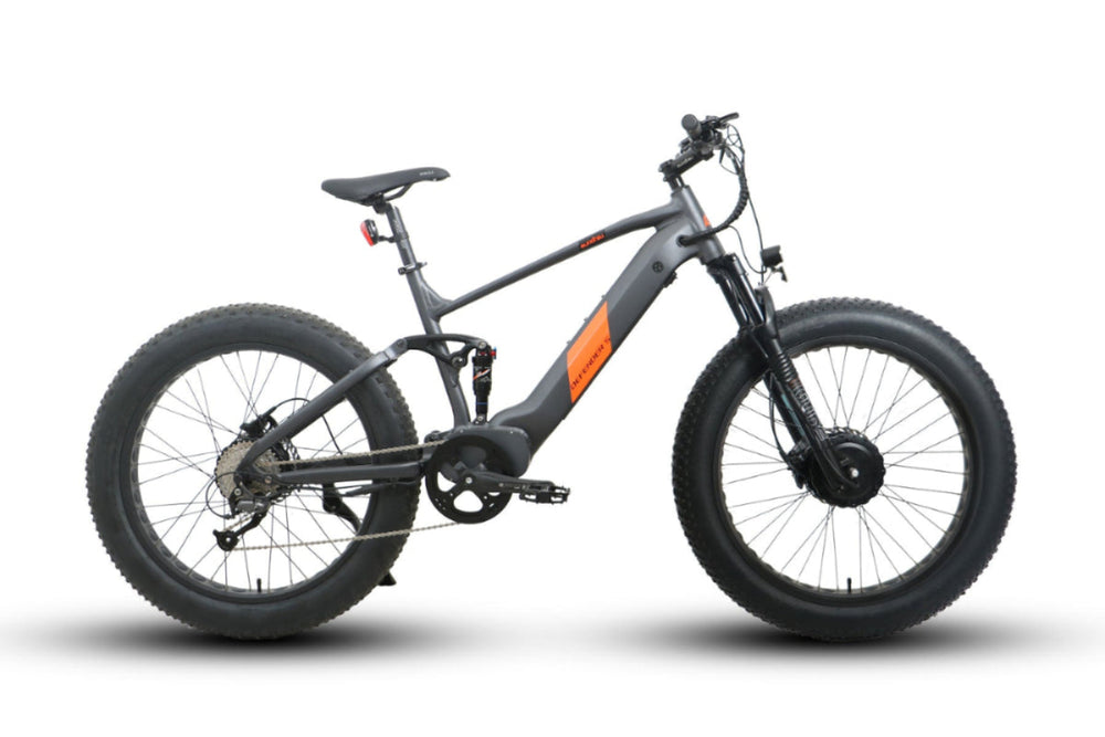 Gray electric bike with orange accents on a white background