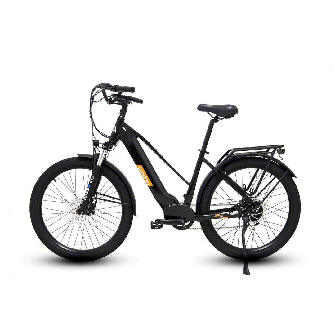 Left Side view of black Eunorau Meta275 500W Electric Cruiser Bike with Torque Sensor for Commuters with kickstand
