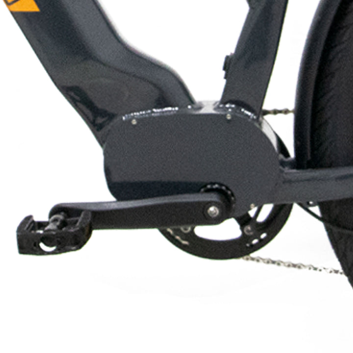 Pedal/Crank view of black Eunorau Meta275 500W Electric Cruiser Bike with Torque Sensor for Commuters pedal view