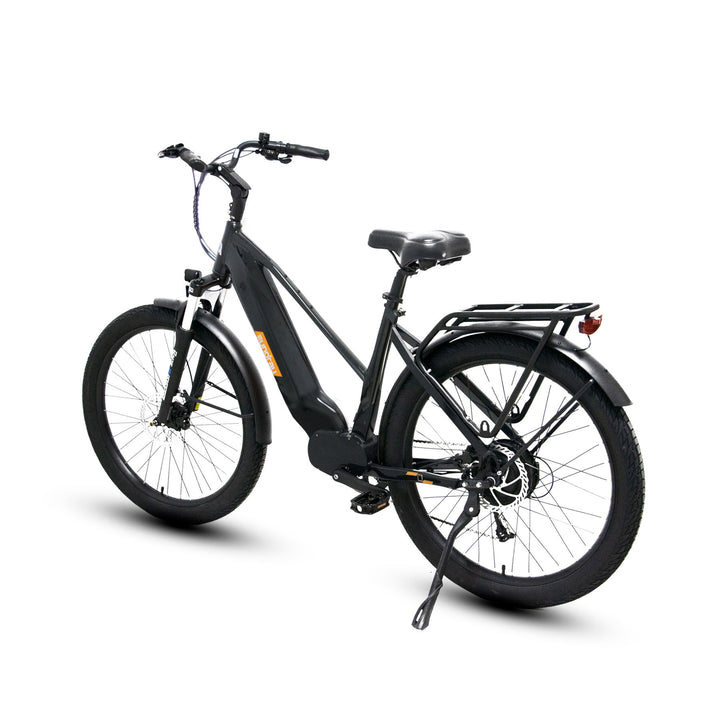 Left Side  rear angle view of black Eunorau Meta275 500W Electric Cruiser Bike with Torque Sensor for Commuters with kickstand