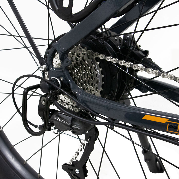 Close up of Right rear view of 9 speed Shimano derailleur gear system and hub of Eunorau Meta275 500W Electric Cruiser Bike with Torque Sensor for Commuters
