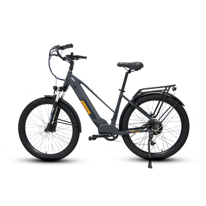 left Side view of gray Eunorau Meta275 500W Electric Cruiser Bike with Torque Sensor for Commuters with kickstand