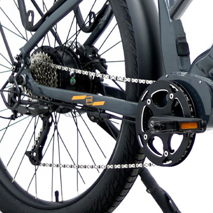 Right Side view of 9 speed Shimano derailleur gear system and hub of Eunorau Meta275 500W Electric Cruiser Bike with Torque Sensor for Commuters
