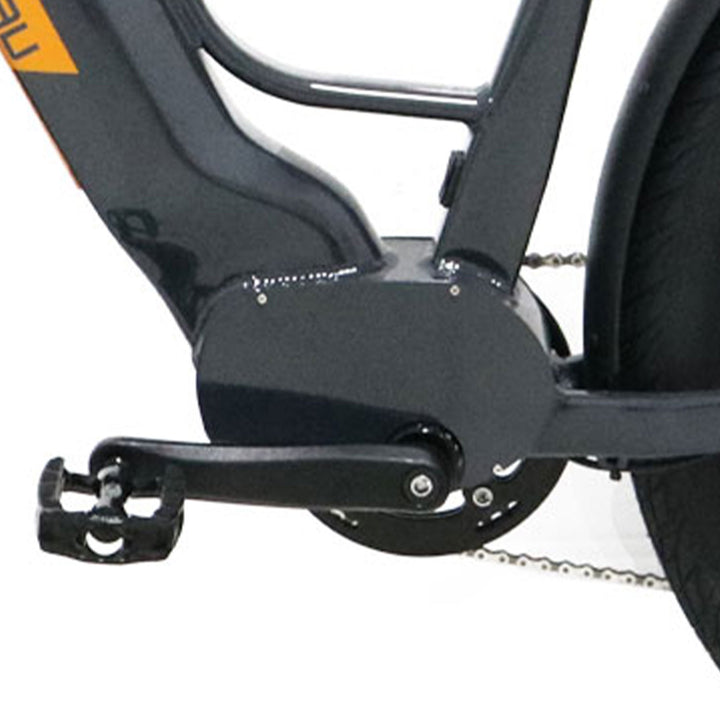 Pedal/Crank view of black Eunorau Meta275-ST 500W Electric Cruiser Bike with Torque Sensor for Commuters pedal view