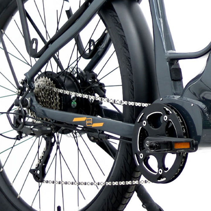 Right Side view of 9 speed Shimano derailleur gear system and hub of Eunorau Meta275-ST 500W Electric Cruiser Bike with Torque Sensor for Commuters
