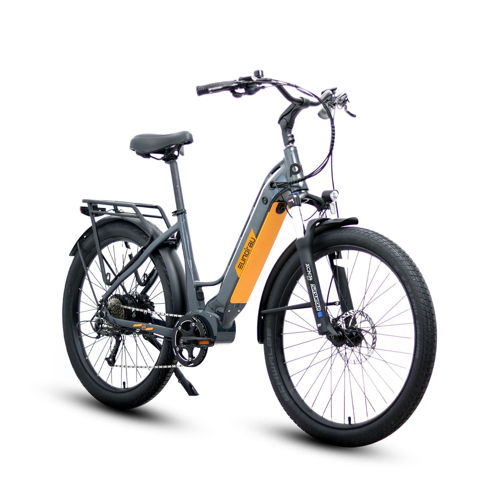 Right Side angle view of gray Eunorau Meta275-ST Step-Through 500W Electric Cruiser Bike with Torque Sensor for Commuters