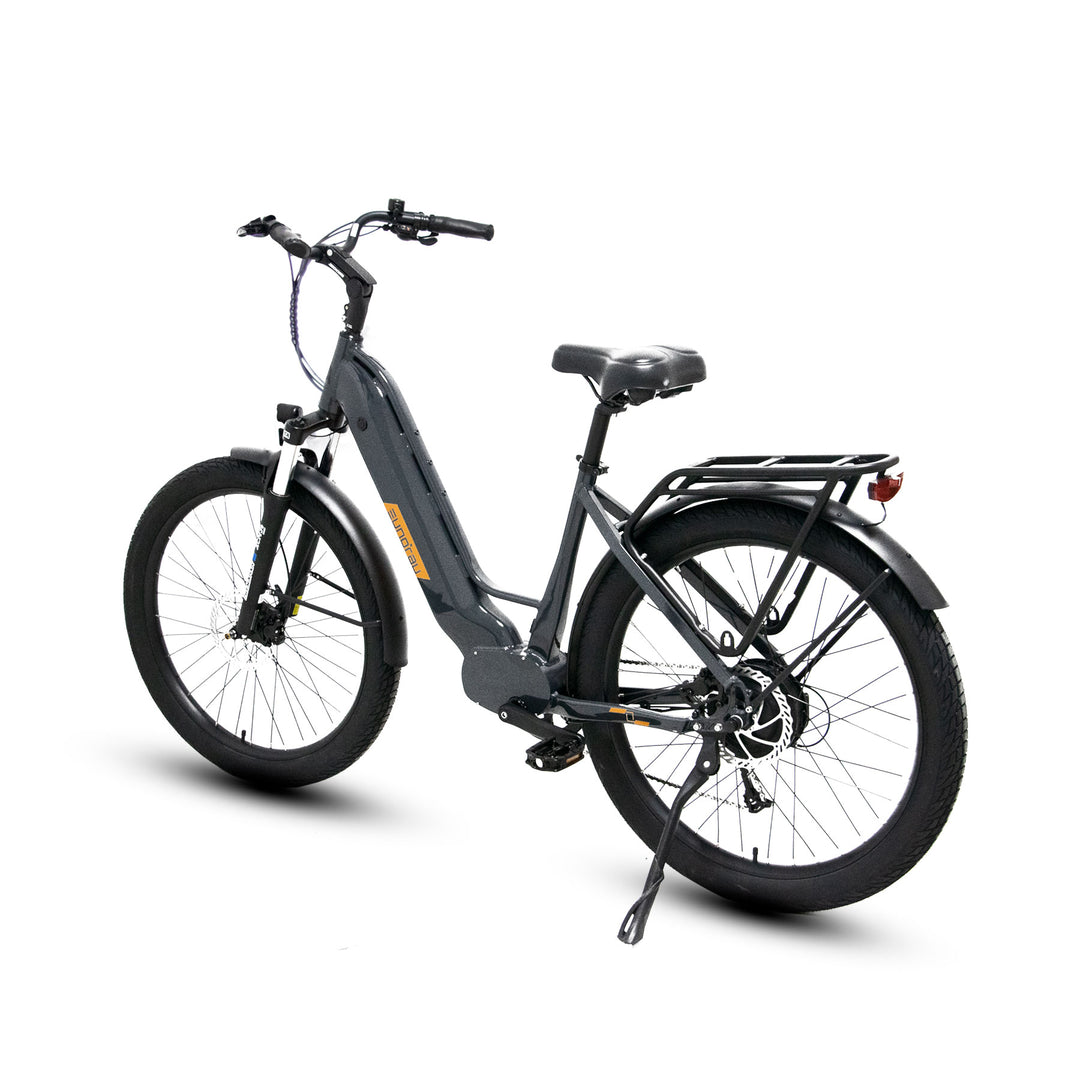 Left rear angle view of gray Eunorau Meta275-ST Step-Through 500W Electric Cruiser Bike with Torque Sensor for Commuters