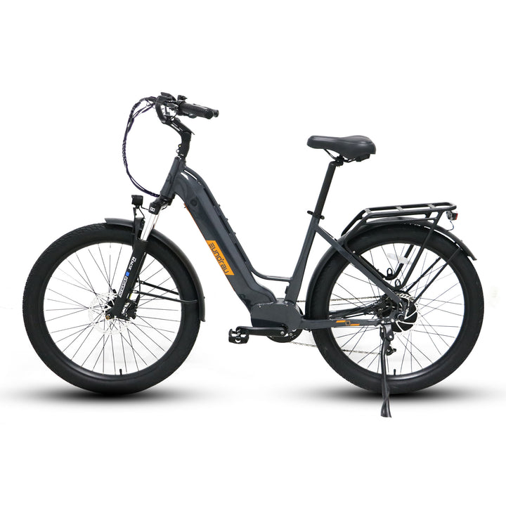 left Side view of gray Eunorau Meta275-ST Step-Through 500W Electric Cruiser Bike with Torque Sensor for Commuters with kickstand