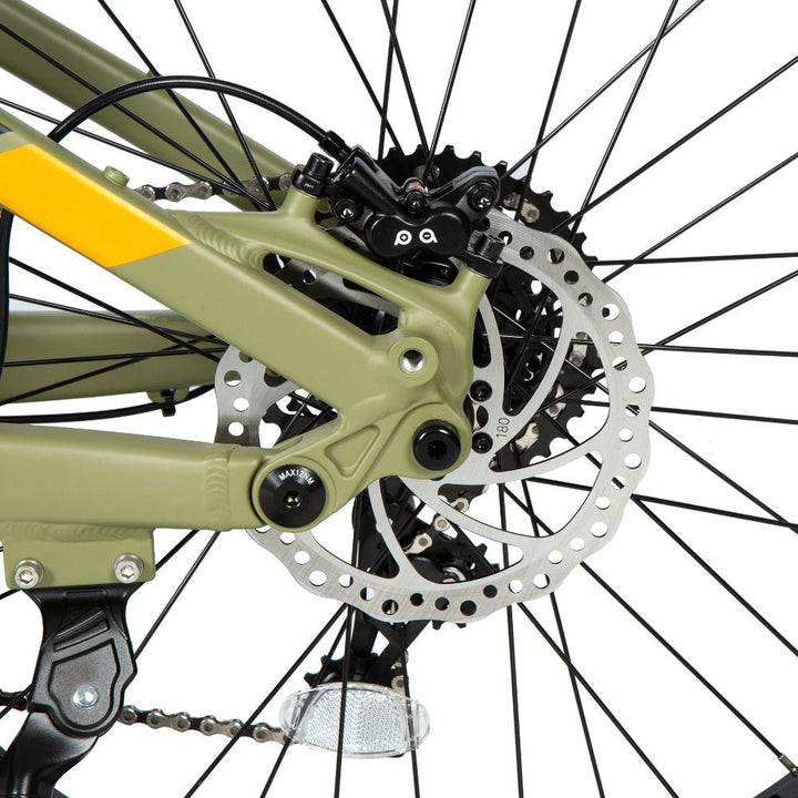 Rear Disc Brakes of the Specter-S Fat Tire Electric Mountain Bike by Eunorau - High-performance off-road full suspension eBike with Bafang Ultra Mid-Drive Motor, dual battery option, advanced suspension, and rugged 26” fat tires, designed for hunters, adventurers, and trail enthusiasts."