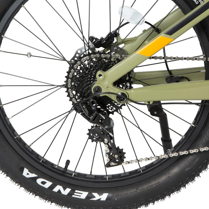 Rear gears of the Specter-S Fat Tire Electric Mountain Bike by Eunorau - High-performance off-road full suspension eBike with Bafang Ultra Mid-Drive Motor, dual battery option, advanced suspension, and rugged 26” fat tires, designed for hunters, adventurers, and trail enthusiasts."